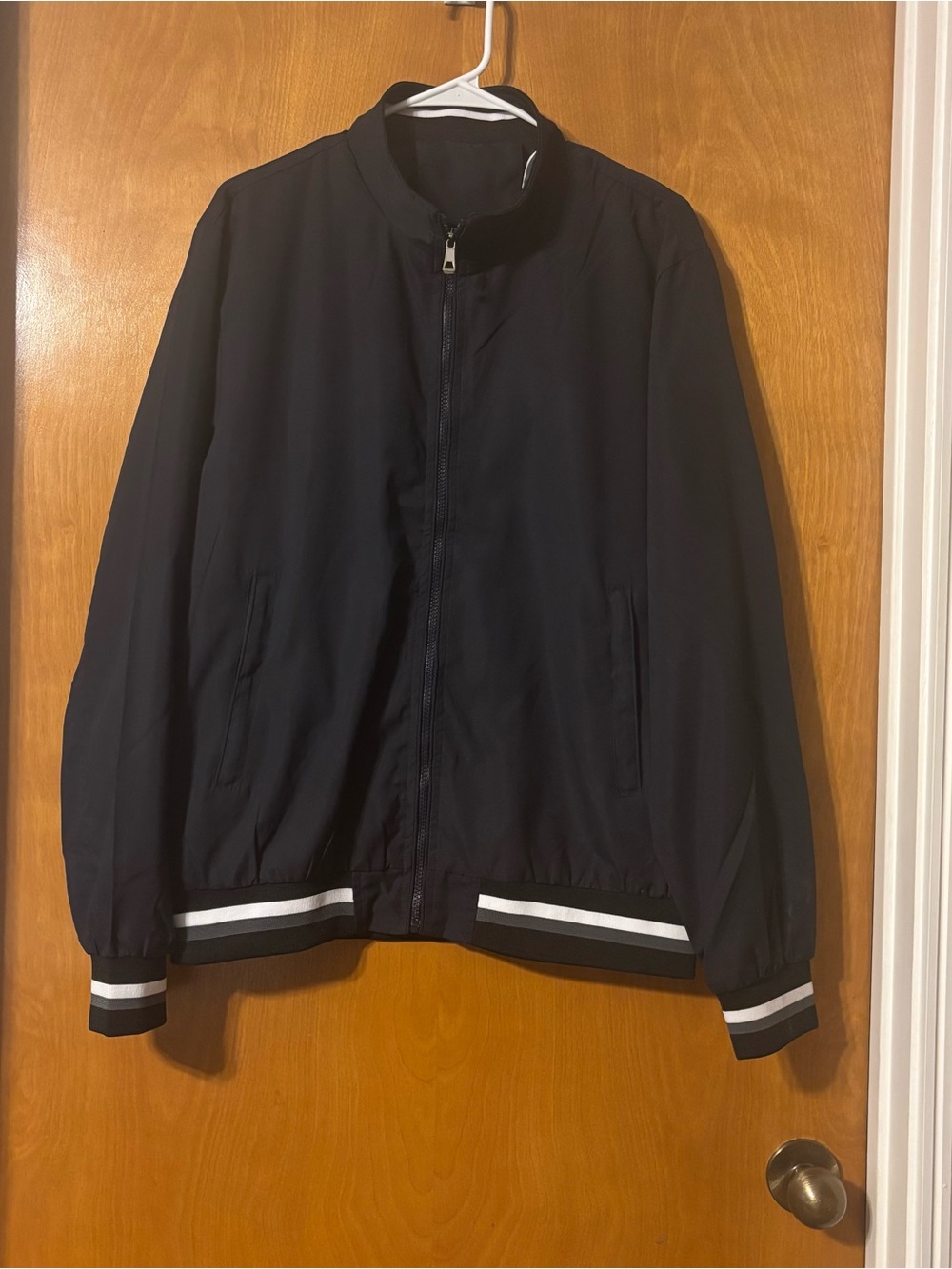 Men's Black Bomber Jacket with Contrast Stripe Trim